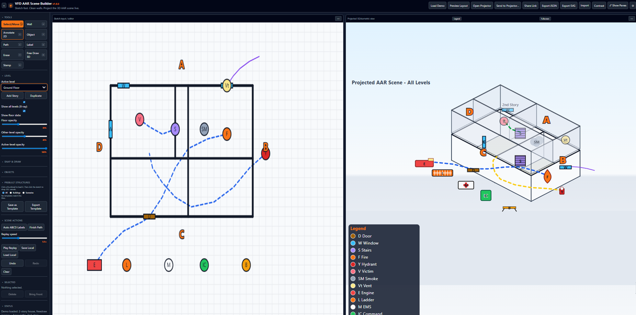 AAR Scene Builder — left panel shows a 2D sketch of a structure with victim, smoke, fire, and ingress paths marked; right panel projects the same scene in 3D isometric view, including a second story