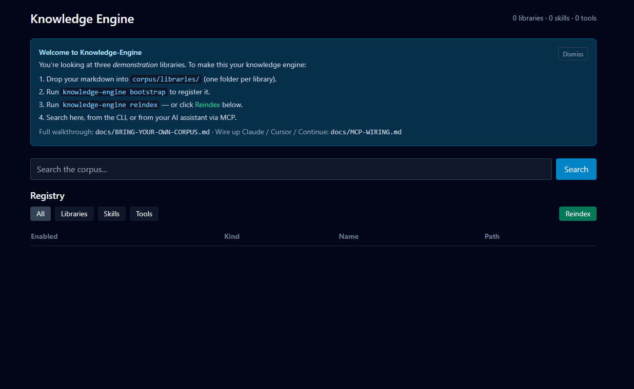 Knowledge-Engine local dashboard — dark UI with a welcome panel, full-text search bar, and a registry table listing libraries, skills, and tools